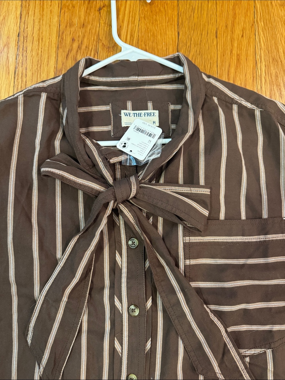 We The Free Brown and Cream Striped Tie-Neck Button-Up Shirt - Picture 5 of 6